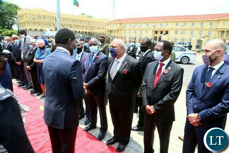 President Hakainde Hichilema interacts with Diplomats accredited to Zambia during the remembrance day of the first World War at the Cenotaph in Lusaka yesterday. Sunday, November 14, 2021. Picture by ROYD SIBAJENE/ZANIS