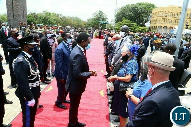President Hakainde Hichilema interacts with Diplomats accredited to Zambia during the remembrance day of the first World War at the Cenotaph in Lusaka yesterday. Sunday, November 14, 2021. Picture by ROYD SIBAJENE/ZANIS