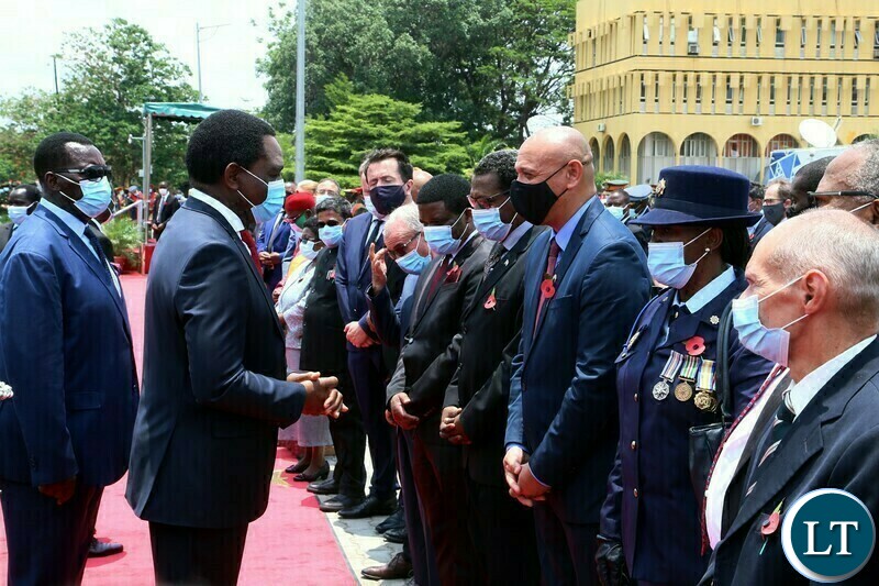 President Hakainde Hichilema interacts with Diplomats accredited to Zambia during the remembrance day of the first World War at the Cenotaph in Lusaka yesterday. Sunday, November 14, 2021. Picture by ROYD SIBAJENE/ZANIS