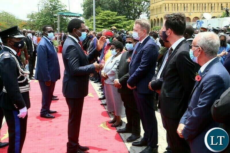 President Hakainde Hichilema interacts with Diplomats accredited to Zambia during the remembrance day of the first World War at the Cenotaph in Lusaka yesterday. Sunday, November 14, 2021. Picture by ROYD SIBAJENE/ZANIS