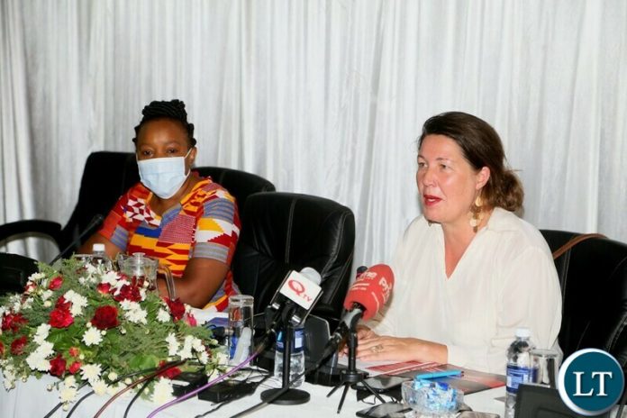 Swedish Ambassador to Zambia Anna Maj Hultgard delivering her speech during the launch of the CSO election report Zambia 2021 elections at Mulungushi conference centre whilst ActionAid Zambia Country Director Nalucha Nganga Ziba looks on yesterday. Friday, November 05, 2021. Picture by ROYD SIBAJENE/ZANIS Swedish Ambassador to Zambia Anna Maj Hultgard delivering her speech during the launch of the CSO election report Zambia 2021 elections at Mulungushi conference centre whilst ActionAid Zambia Country Director Nalucha Nganga Ziba looks on yesterday. Friday, November 05, 2021. Picture by ROYD SIBAJENE/ZANIS
