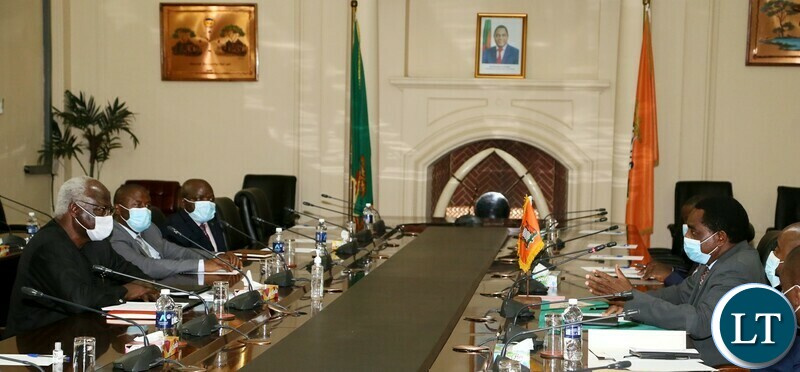 President Hakainde Hichilema speaking to the Head of African Union Election Observe in Zambia Former President of Sierra Leone Enerst Koroma and his entourage during the presentation of the August 2021 election report at State House