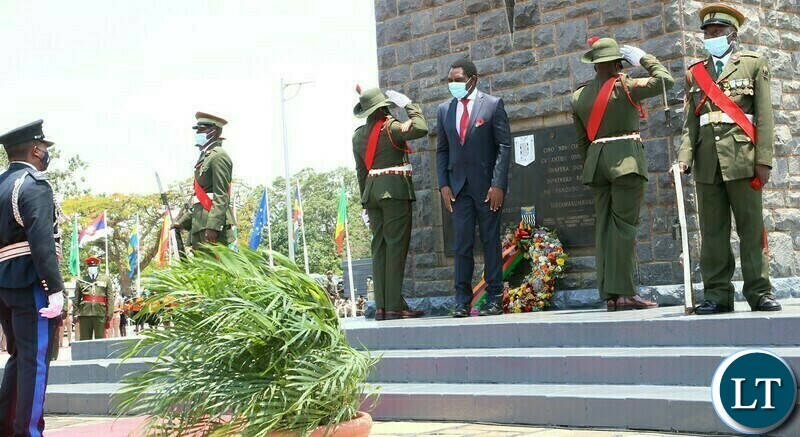 President Hakainde Hichilema laying wreaths at the cenotaph during the remembrance day of the first World War at the Cenotaph in Lusaka yesterday. Sunday, November 14, 2021. Picture by ROYD SIBAJENE/ZANIS 