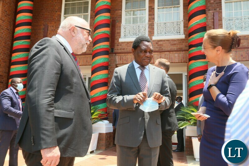 President Hakainde Hichilema confers with the Germany special envoy of the chancellor Gunter Nooke and and Germany Ambassador to Zambia Anne Wagner-Mitchel shortly after the meeting at State House