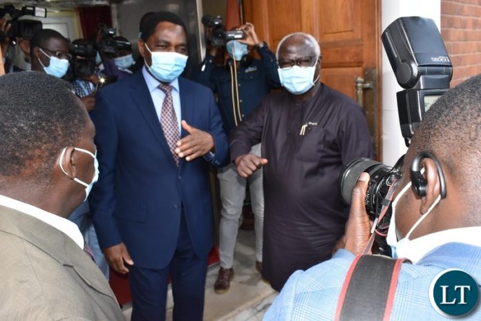 PRESIDENT Hakainde Hichilema seeing off former President of Sierra Leone,Enerst Kroma when he met him at State house