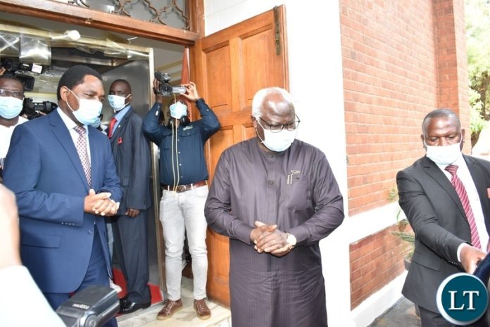 PRESIDENT Hakainde Hichilema seeing off former President of Sierra Leone,Enerst Kroma when he met him at State house