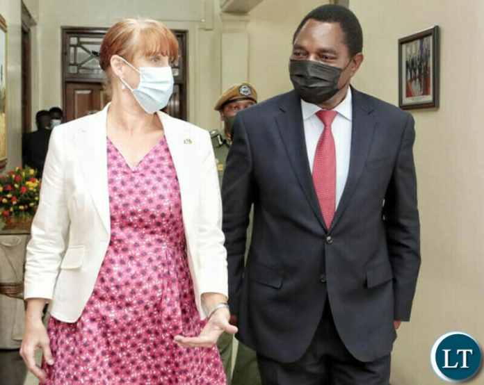 Canadian High Commissioner to Zambia Pamela O’Donnell with President Hakainde Hichilema at State House