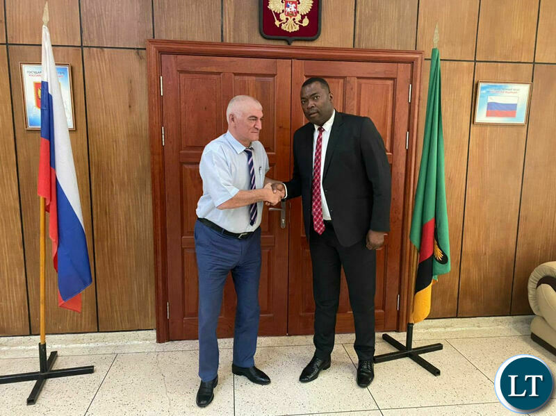 Kabushi MP Bowman Lusambo poses a photo with Russian Ambassador to Zambia Azim Yarakhmedov at the Russian Embassy.