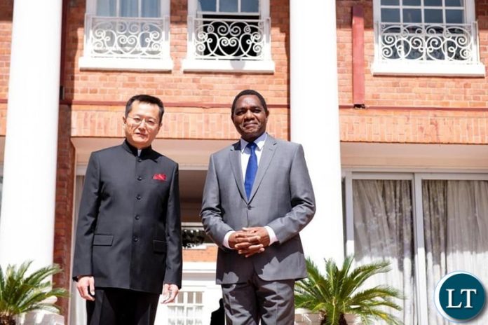 Receiving credentials from the new Chinese Ambassador to Zambia, Xiaohui Du