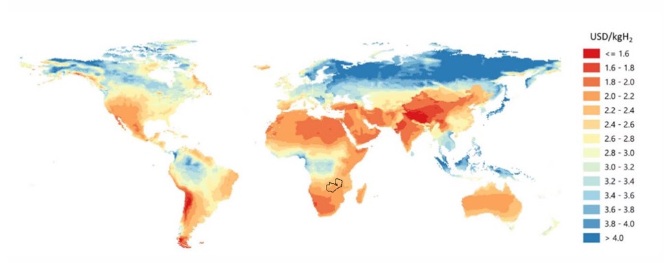 Figure 3: Hydrogen costs from hybrid solar PV and onshore wind systems in the long term [3]