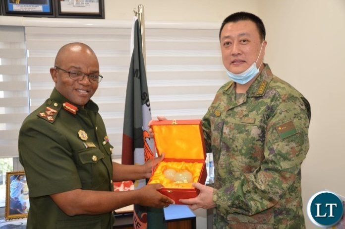 Maina Soko Medical Centre Commandant Brigadier General Bernard Kapatamoyo with Chinese Defence Attaché to Zambia, Senior Colonel Jiang Lei Maina Soko Medical Centre Commandant Brigadier General Bernard Kapatamoyo with Chinese Defence Attaché to Zambia, Senior Colonel Jiang Lei