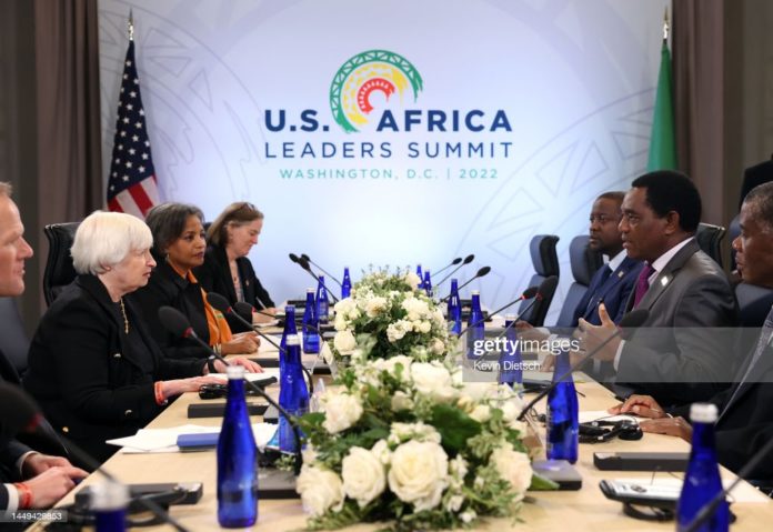 WASHINGTON, DC - DECEMBER 15: U.S. Treasury Secretary Janet Yellen (L) meets with President of Zambia Hakainde Hichilema during the U.S. - Africa Leaders Summit on December 15, 2022 in Washington, DC. The Summit brings together heads of state, government officials, business leaders, and civil society to strengthen ties between the U.S. and Africa. (Photo by Kevin Dietsch/Getty Images)