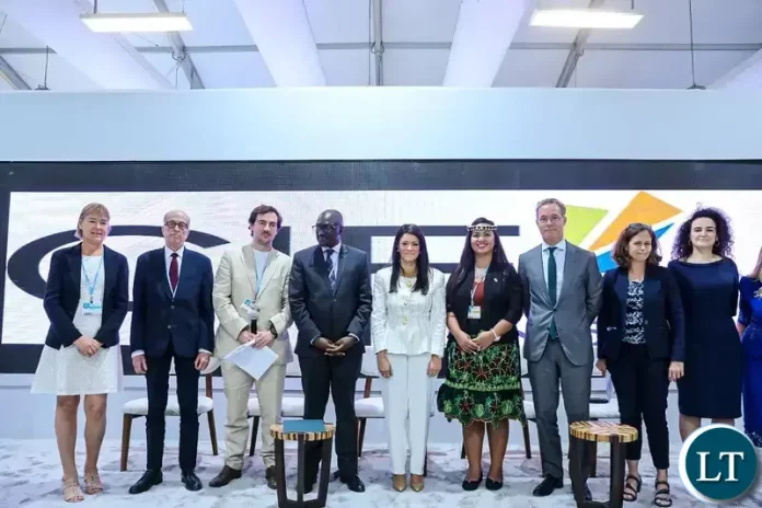 Zambian Minister of Green Economy and Environment Collins Nzovu on a panel with Egypt’s Minister of International Cooperation Rania Al-Mashat; the the Netherlands’ Climate Envoy Prince Jaime de Bourbon de Parme; and African Development Bank Vice President of Agriculture, Human and Social Development Beth Dunford at Cop 27