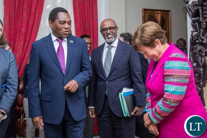 ZAMBIA, LUSAKA: Managing Director of the International Monetary Fund, Kristalina Georgieva shares a light moment with President Hakainde Hichilema and minister of finance Situmbeko Musokotwane (left) at State House in Lusaka on January 23, 2023 - Picture by Salim Dawood