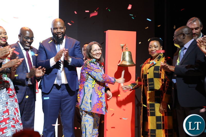 SA Tourism Minister Patricia De Lille and Premier of Kwa Zulu-Natal Province Ms. Nomusa Dube-Ncube ring the bell to symbolise the start of trading at Africa's Travel Indaba in Durban